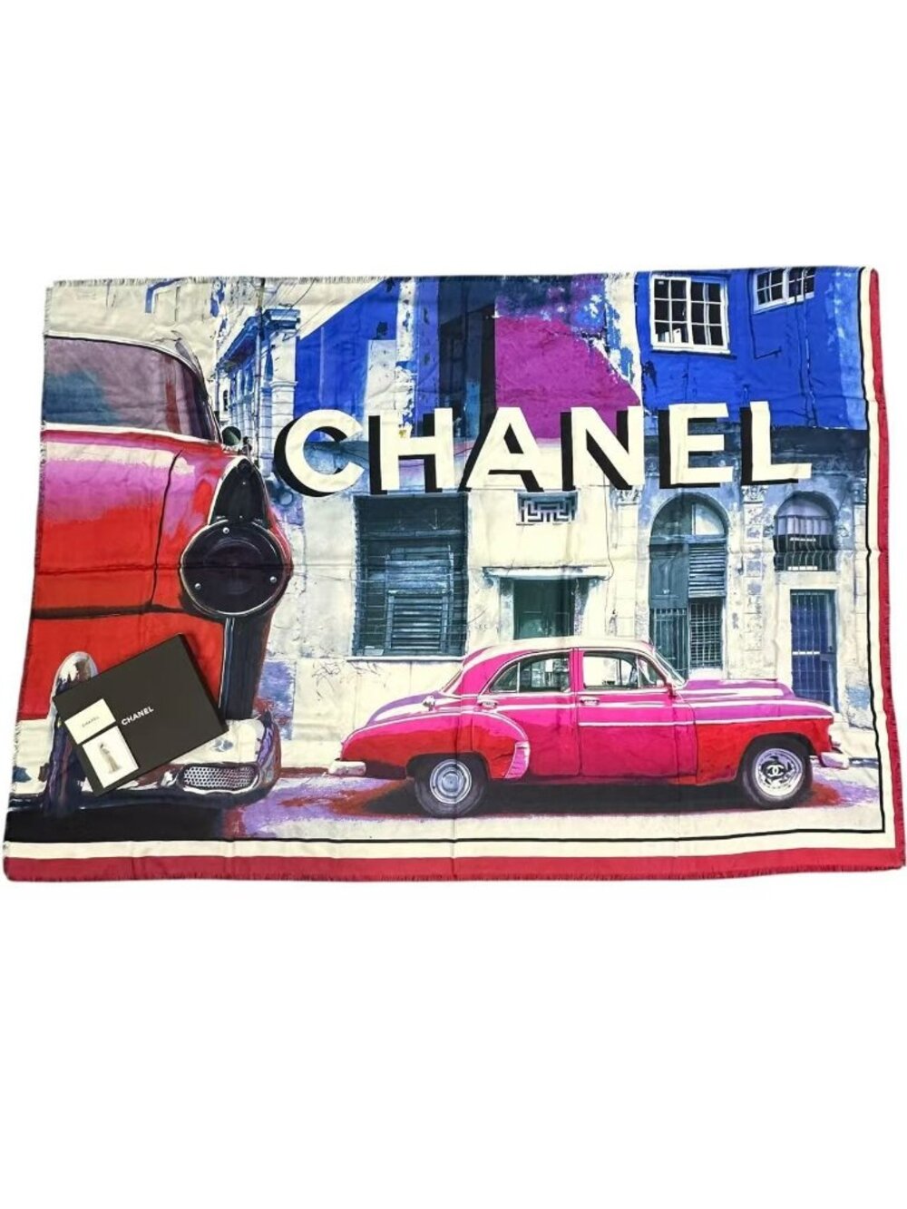 Chanel Scarf Large Silk Logo Car Print Pattern Multicolor